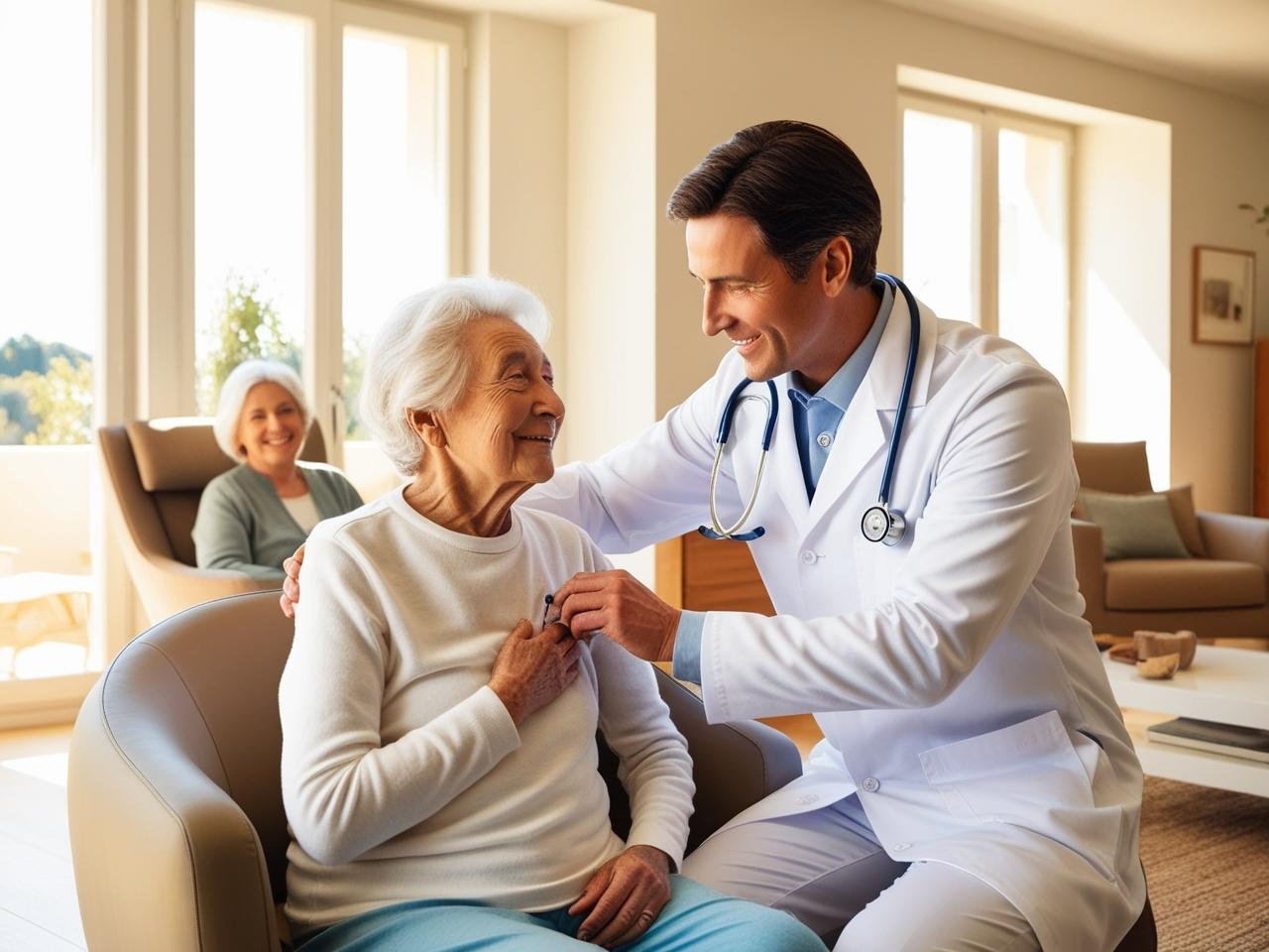 Medico che effettua una visita domiciliare a un paziente anziano, garantendo un’assistenza sanitaria personalizzata a casa.