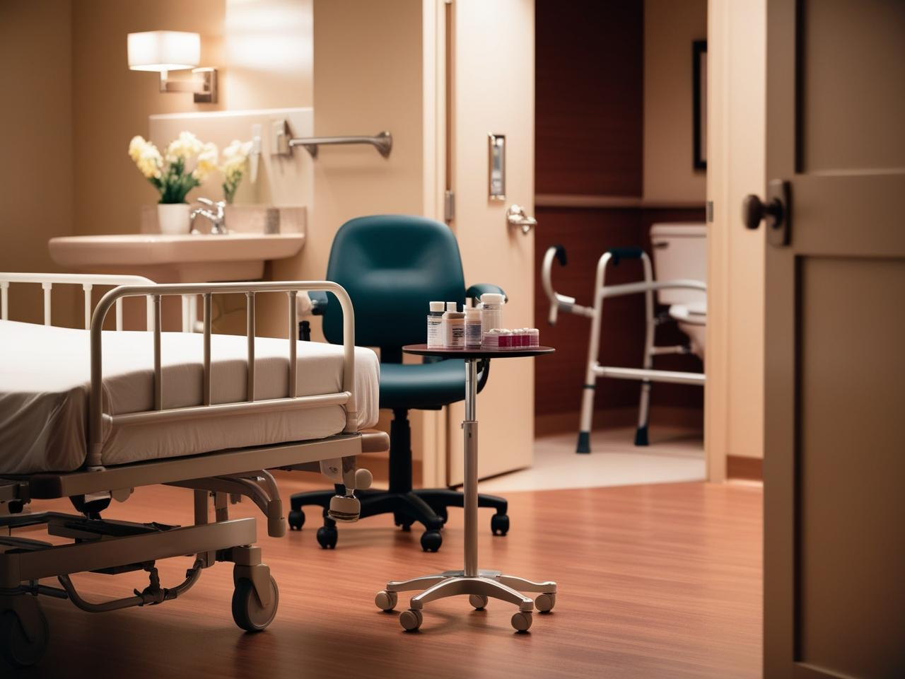 Stanza attrezzata con letto ortopedico, deambulatore e supporti per garantire sicurezza e comfort alle cure domiciliari.