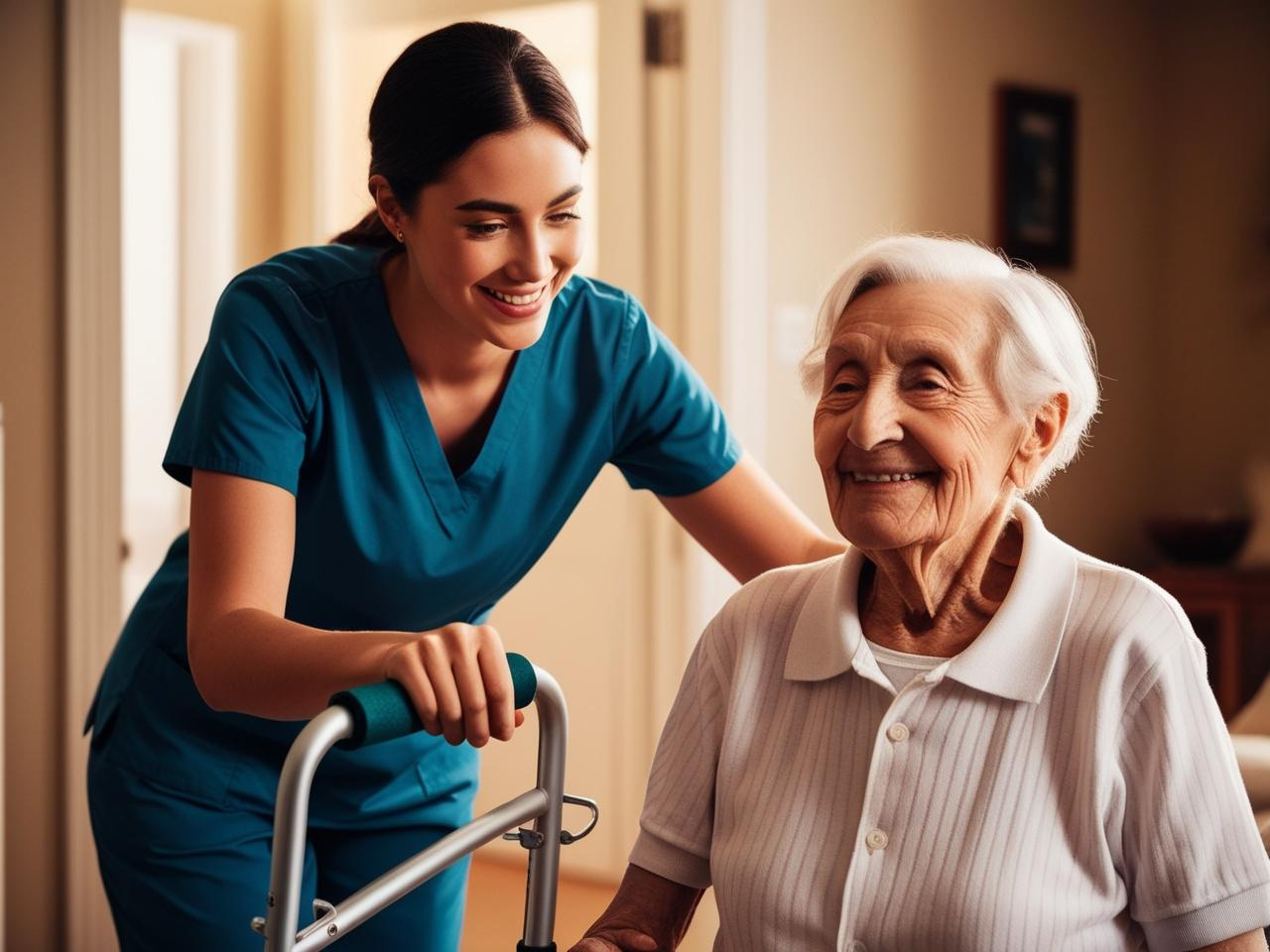 Caregiver aiuta un paziente anziano con difficoltà motorie a camminare in casa con un deambulatore