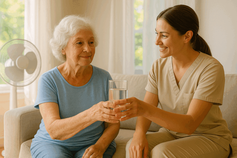 Anziana assistita a casa durante l’estate, caregiver offre acqua per prevenire colpi di calore