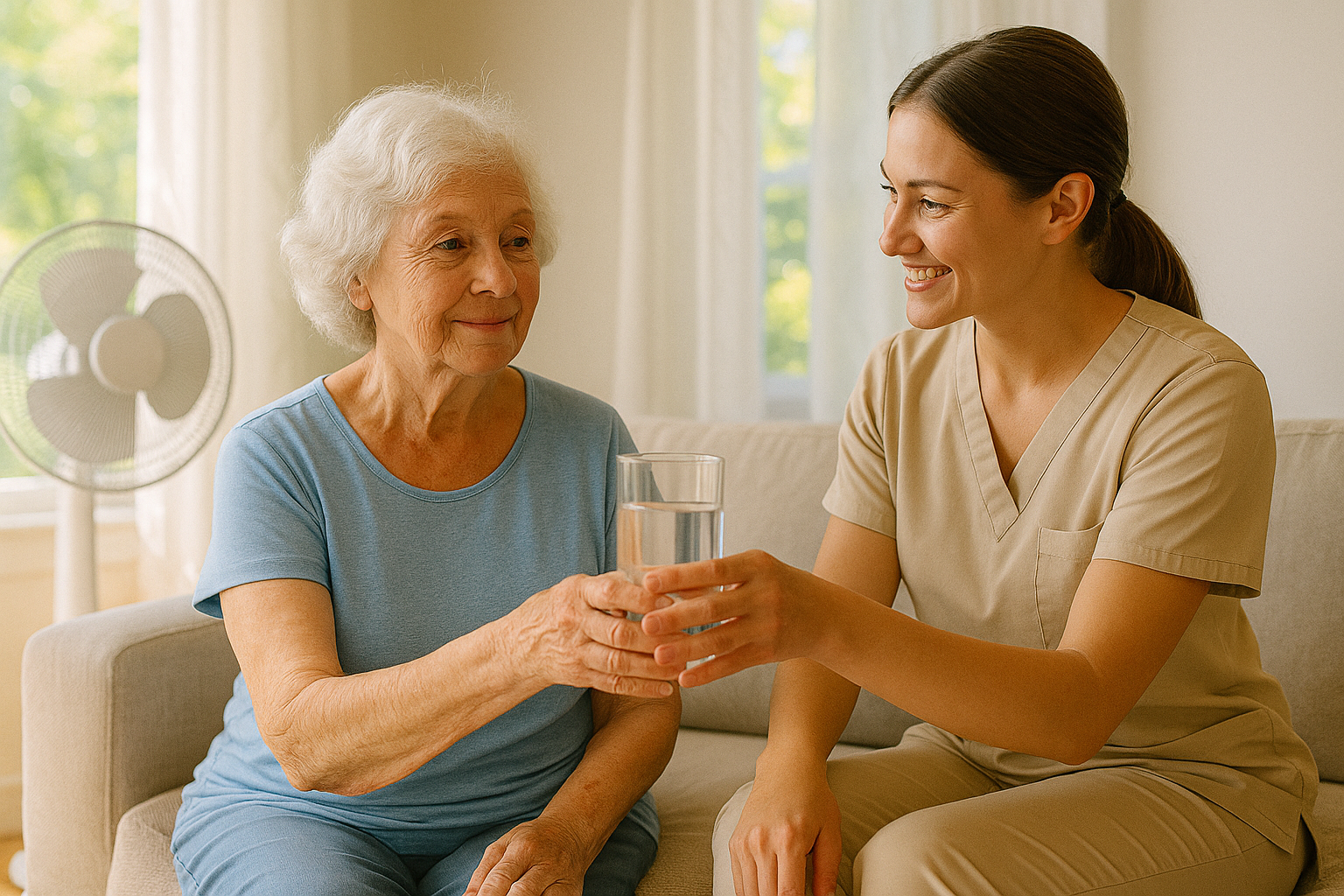Anziana assistita a casa durante l’estate, caregiver offre acqua per prevenire colpi di calore