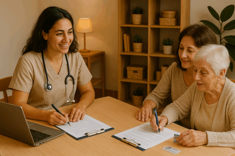 Caregiver aiuta famiglia a compilare modulo per attivazione ADI con ADI Salus
