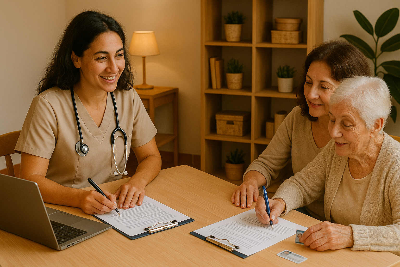 Caregiver aiuta famiglia a compilare modulo per attivazione ADI con ADI Salus