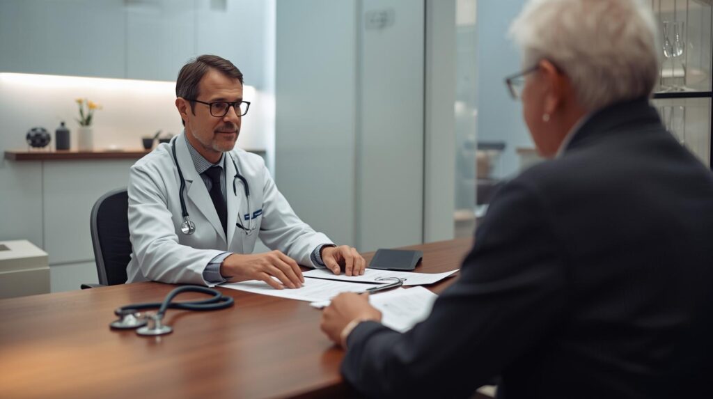 Medico di base discute con paziente anziano per attivare servizio ADI a domicilio”
