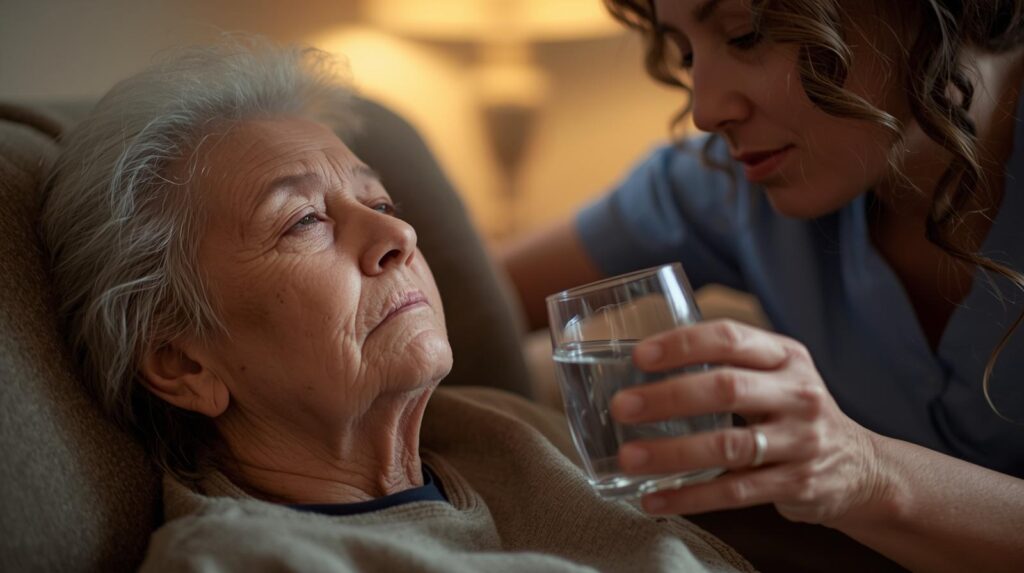 Anziana con segni di disidratazione grave, caregiver offre supporto a casa