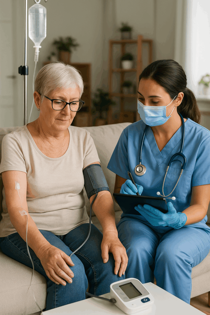 Infermiera controlla parametri vitali dopo idratazione endovenosa a domicilio con ADI Salus