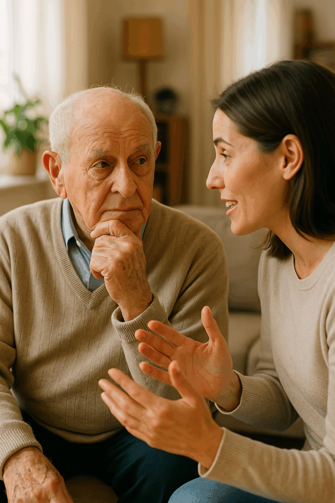 Anziano con protesi acustica parla con caregiver in casa, supporto per sordità e comunicazione