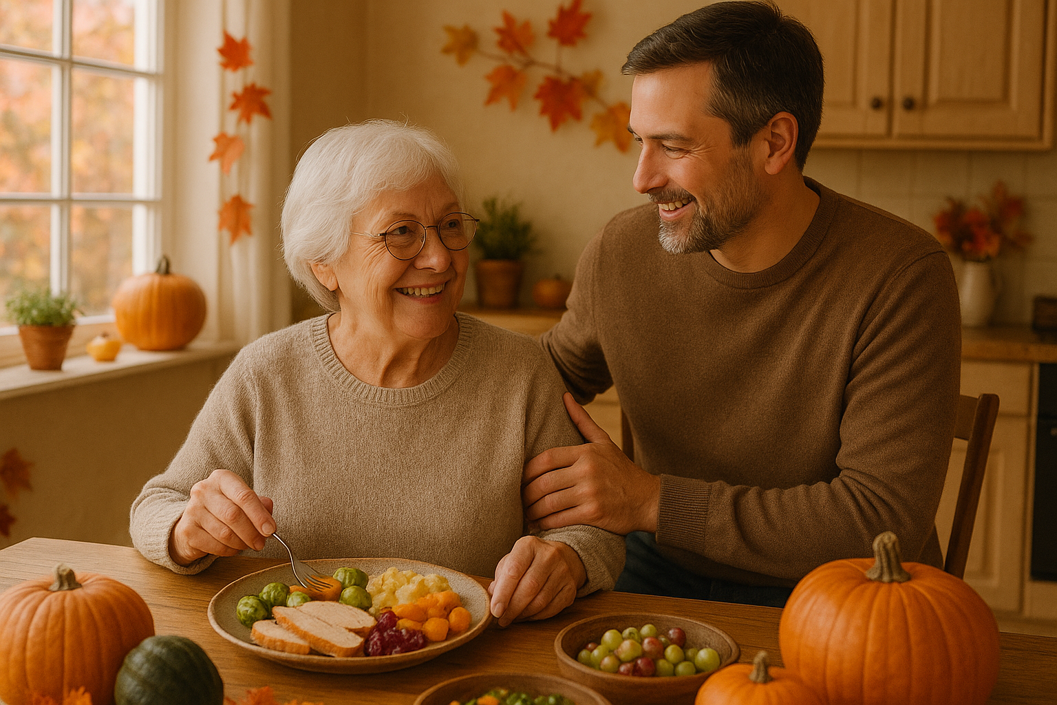Anzianaa tavola con pasto autunnale sano e colorato, supportato da caregiver in casa