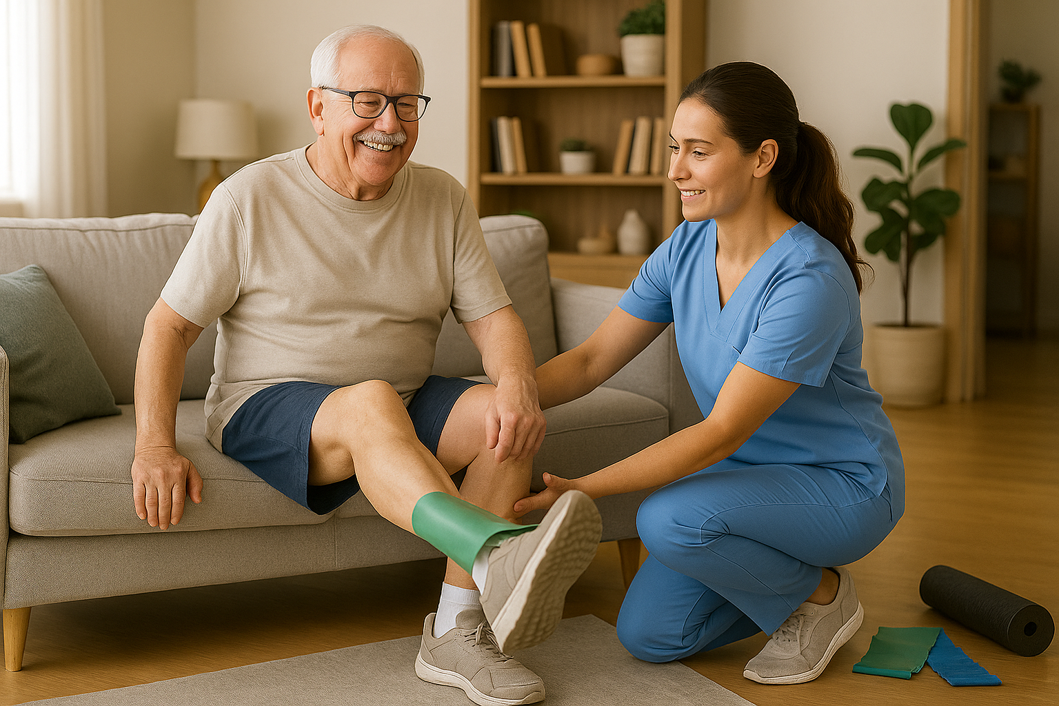 Paziente in riabilitazione post-chirurgica a casa con fisioterapista, benefici della fisioterapia domiciliare