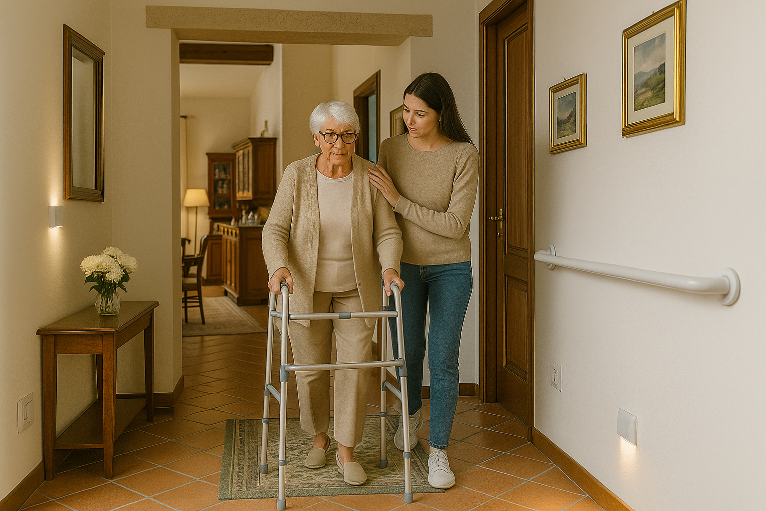 Anziana cammina in sicurezza in casa con deambulatore, ambiente protetto per prevenzione cadute