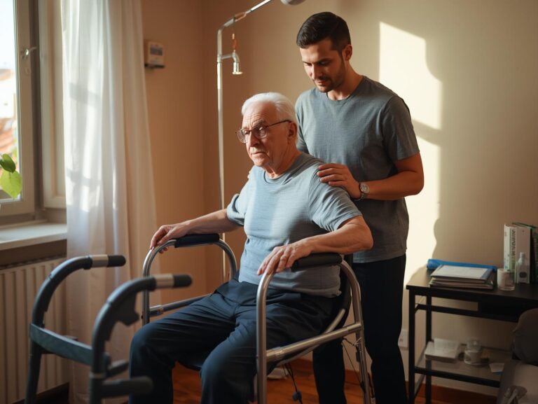 Fisioterapista ADI Salus assiste anziano con patologia degenerativa nella riabilitazione domiciliare