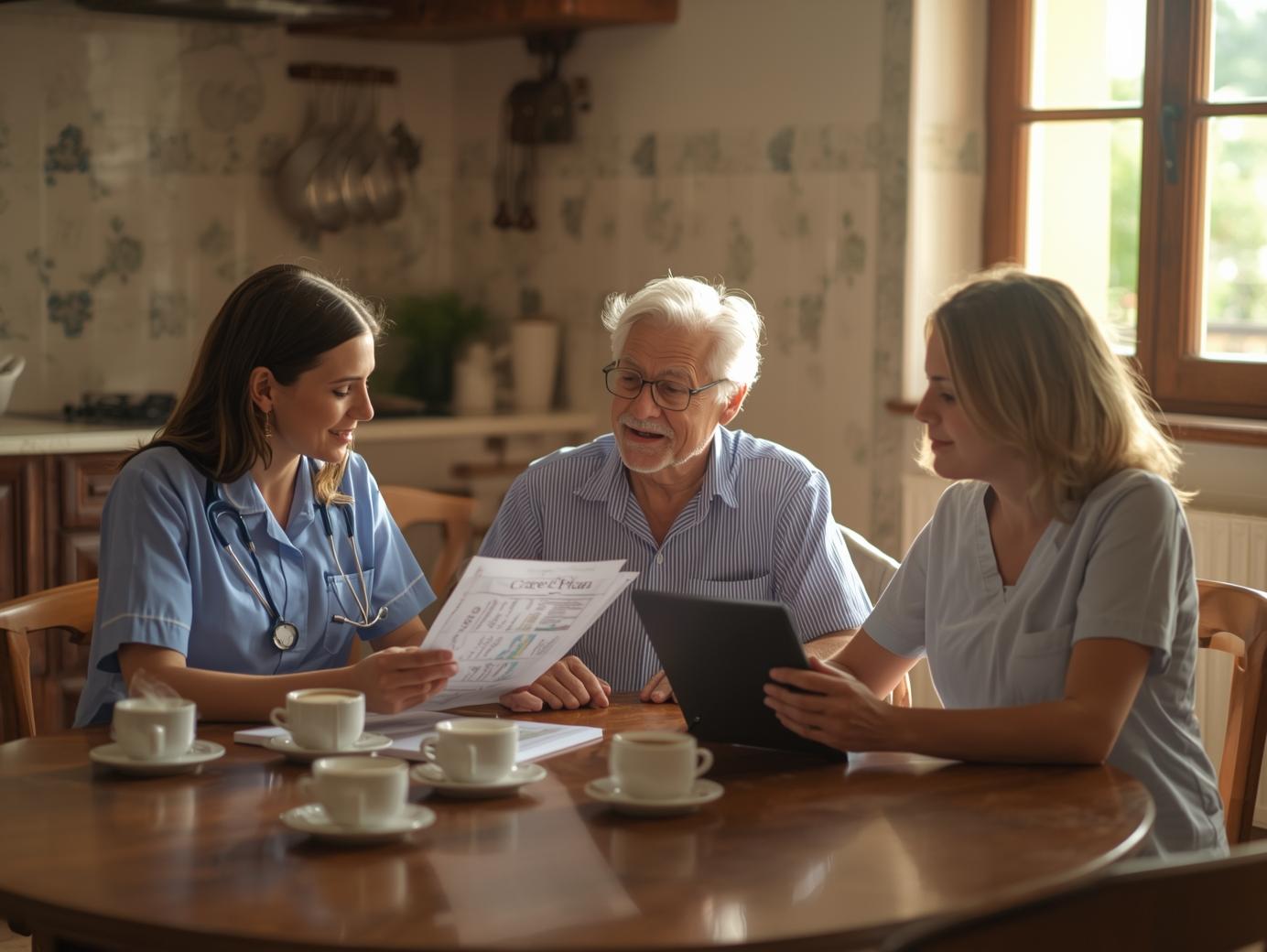 coordinamento-equipe-adi-servizio-socioassistenziale Riunione tra OSS, infermiera e familiare per pianificare assistenza socio-assistenziale a domicilio”
