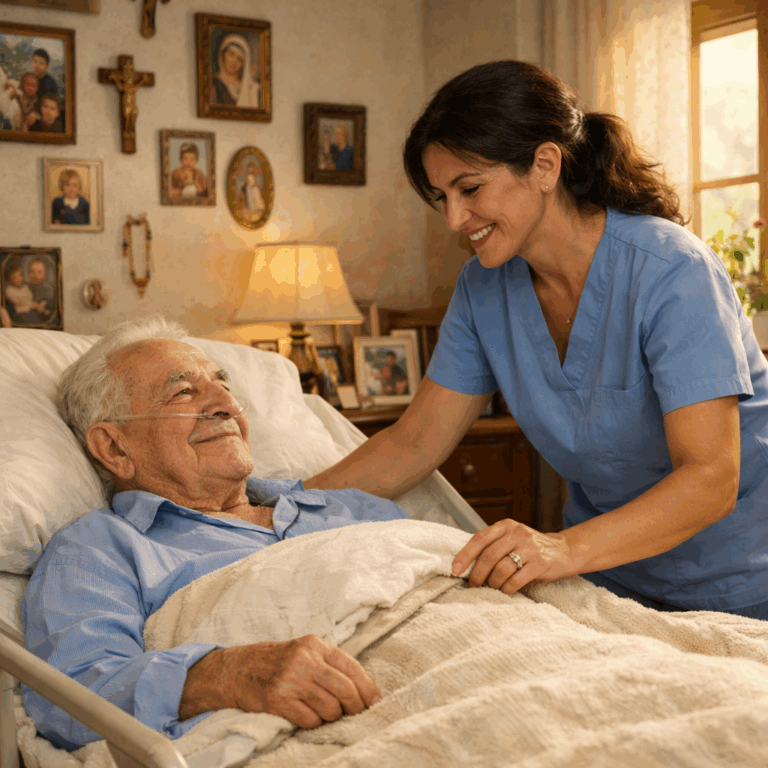 Infermiere offre cure palliative a domicilio a paziente anziano in un’abitazione italiana