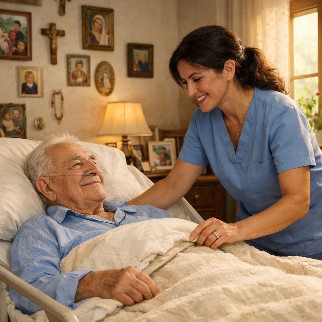 Infermiere offre cure palliative a domicilio a paziente anziano in un’abitazione italiana
