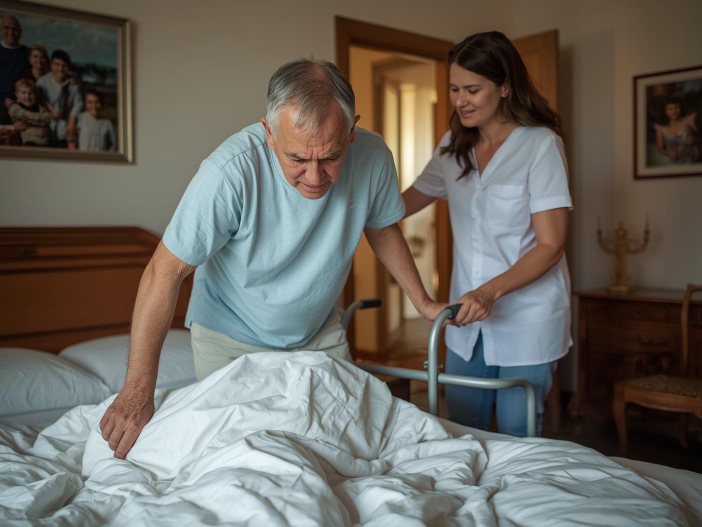 Anziano con difficoltà motorie assistito da caregiver nelle attività igieniche quotidiane”