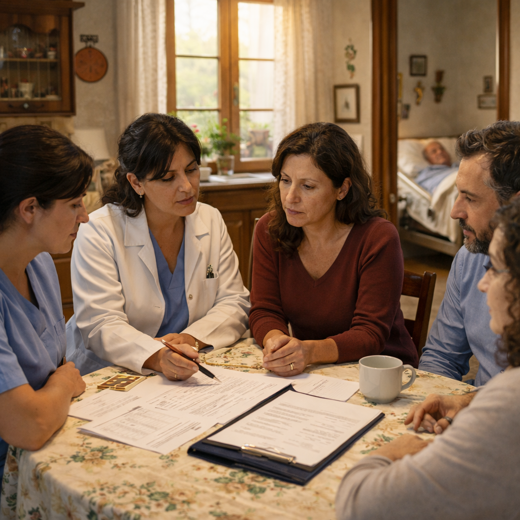 equipe-cure-palliative-domicilio-adi-salus. Equipe ADI Salus pianifica cure palliative domiciliari con la famiglia del paziente