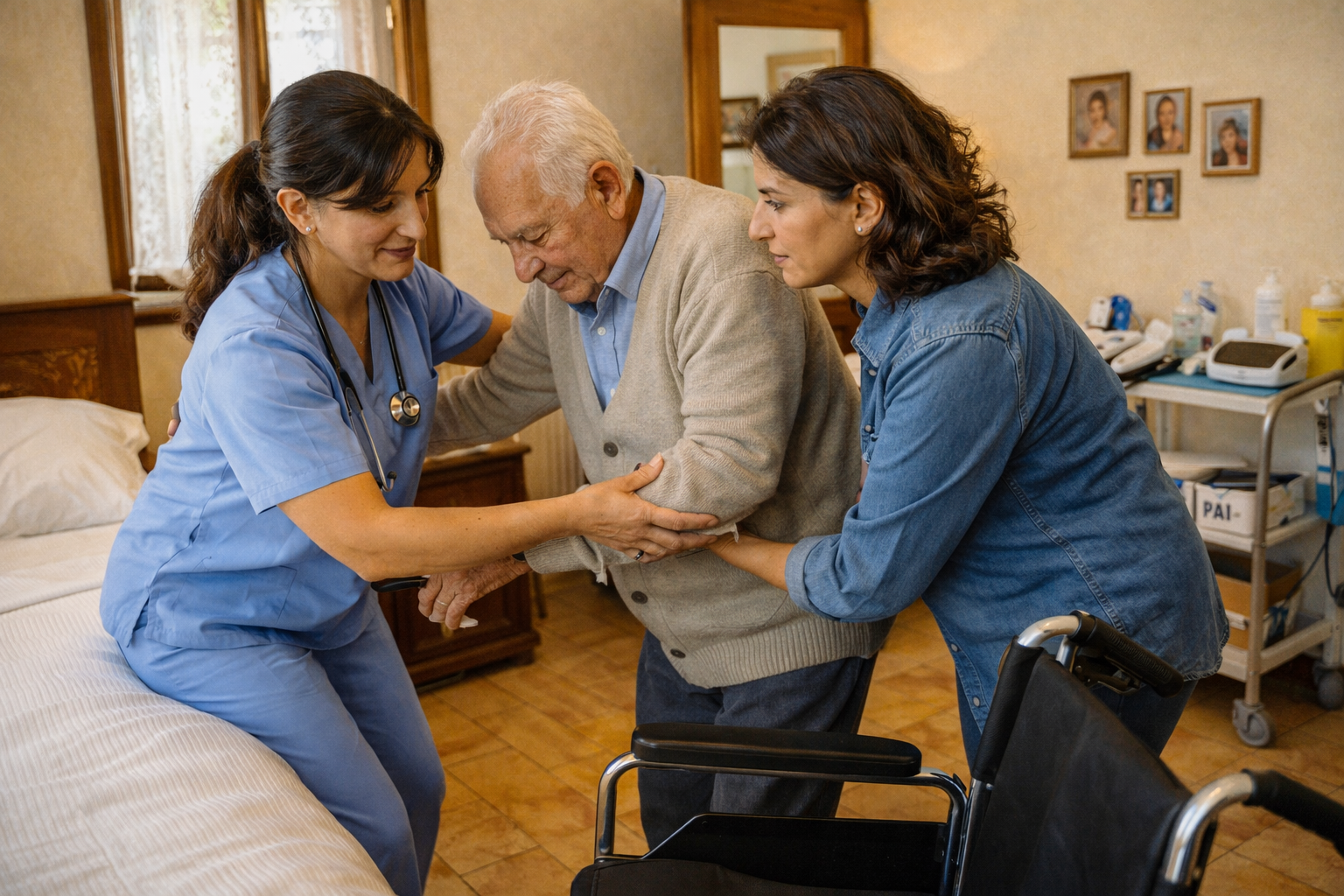Infermiere ADI forma la caregiver per assistere un paziente anziano in casa