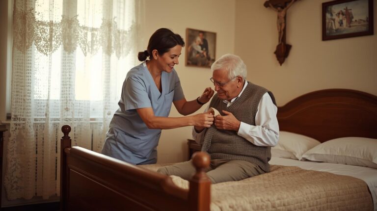 Caregiver aiuta anziano a vestirsi in casa, servizio socio-assistenziale a domicilio ADI Salus