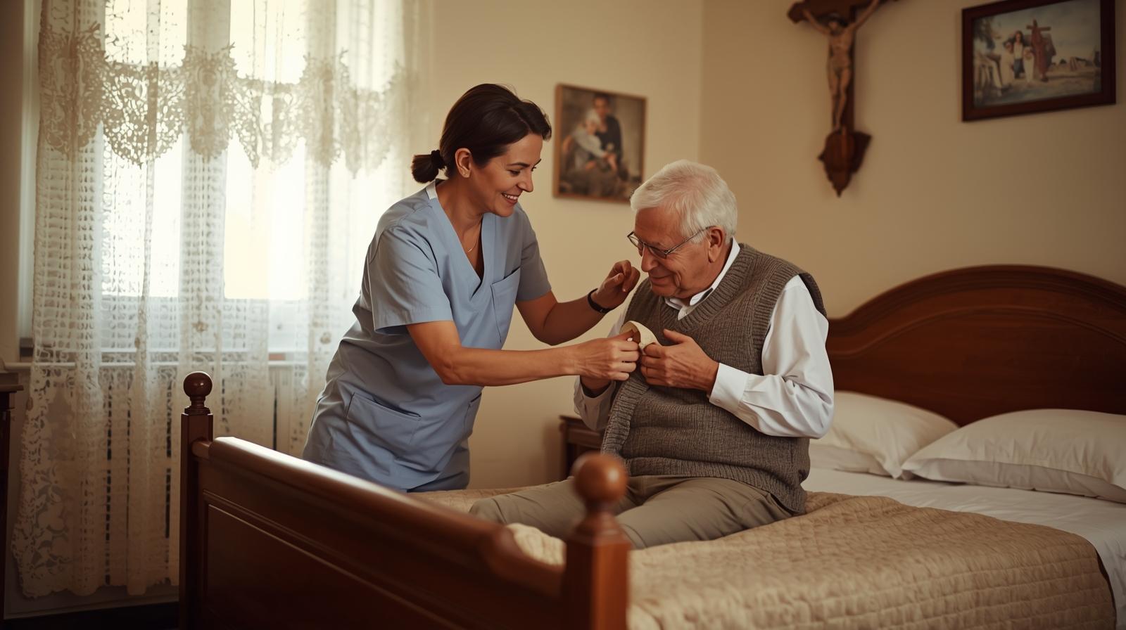 Caregiver aiuta anziano a vestirsi in casa, servizio socio-assistenziale a domicilio ADI Salus