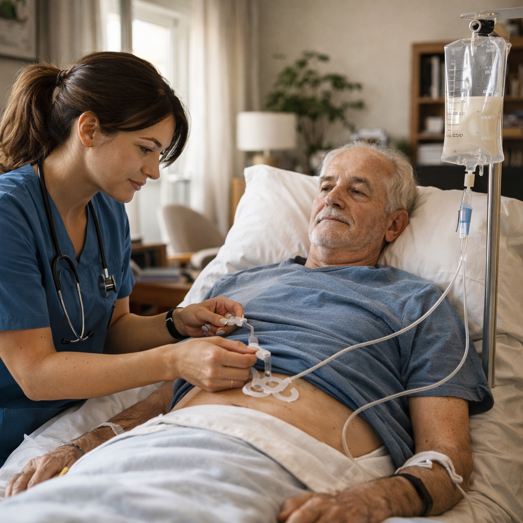 Operatore sanitario assiste un paziente a domicilio durante assistenza domiciliare ad alta intensità