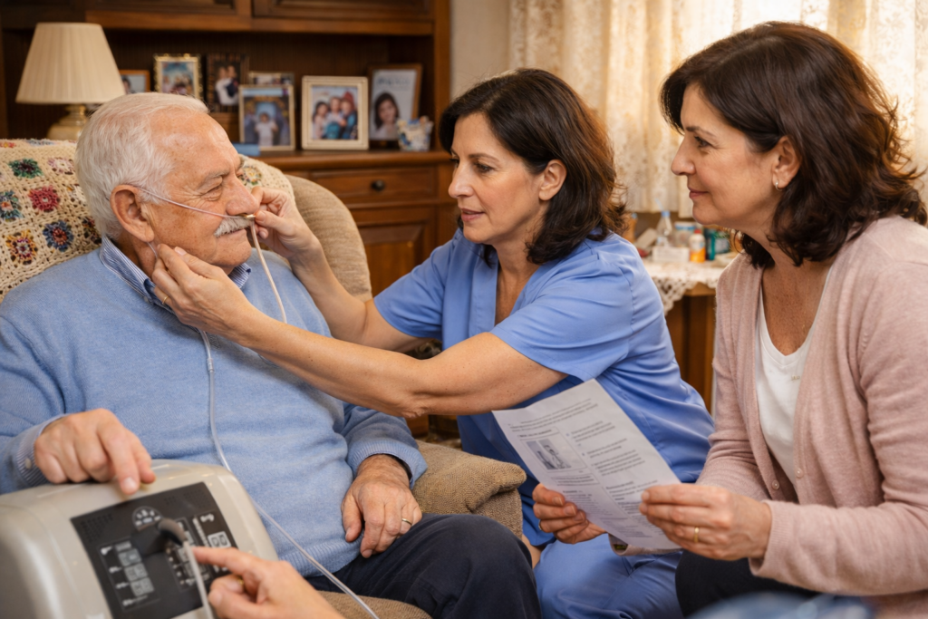 Infermiere ADI spiega a caregiver come usare correttamente l’ossigenoterapia domiciliare