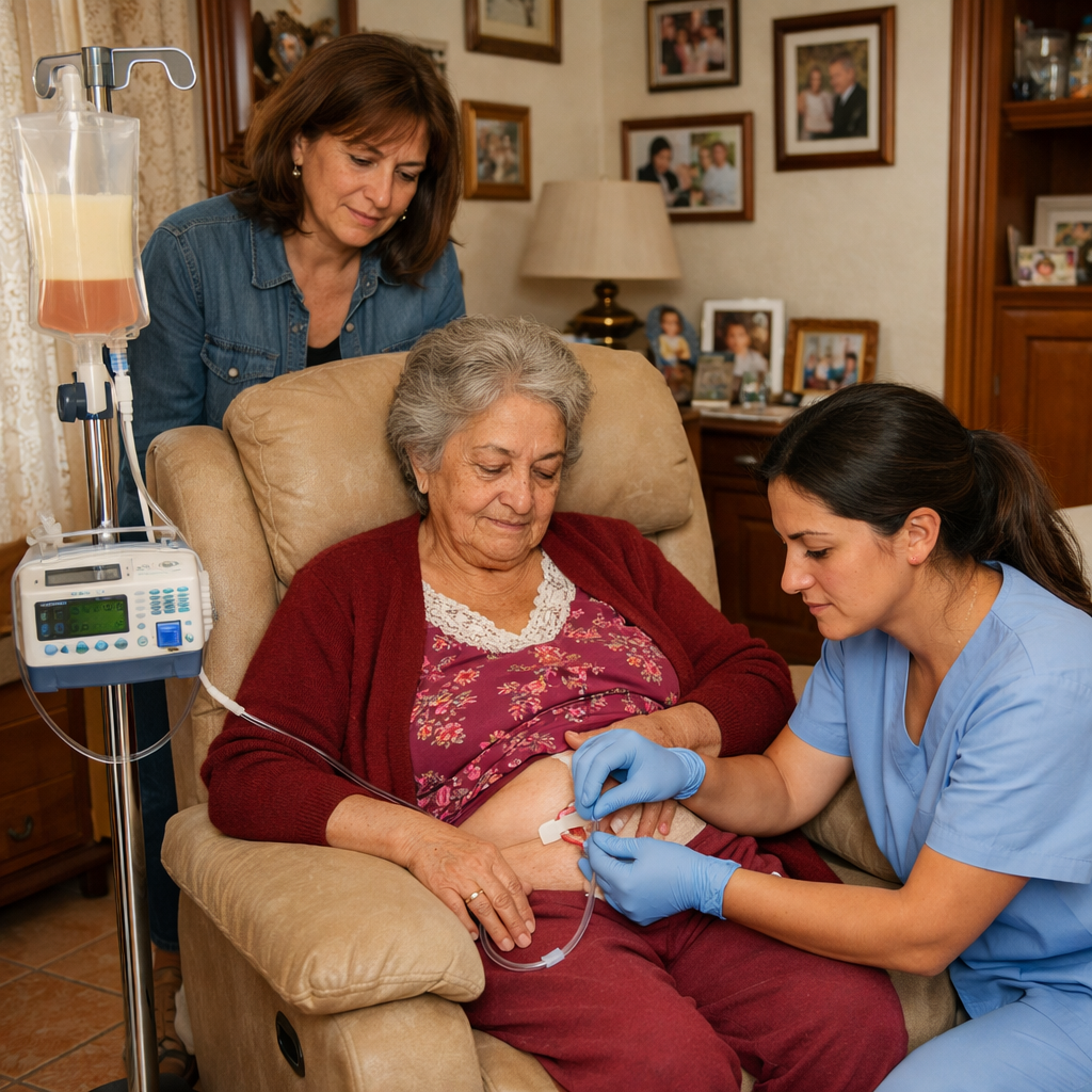 Infermiere assiste paziente con nutrizione artificiale a domicilio tramite PEG in casa