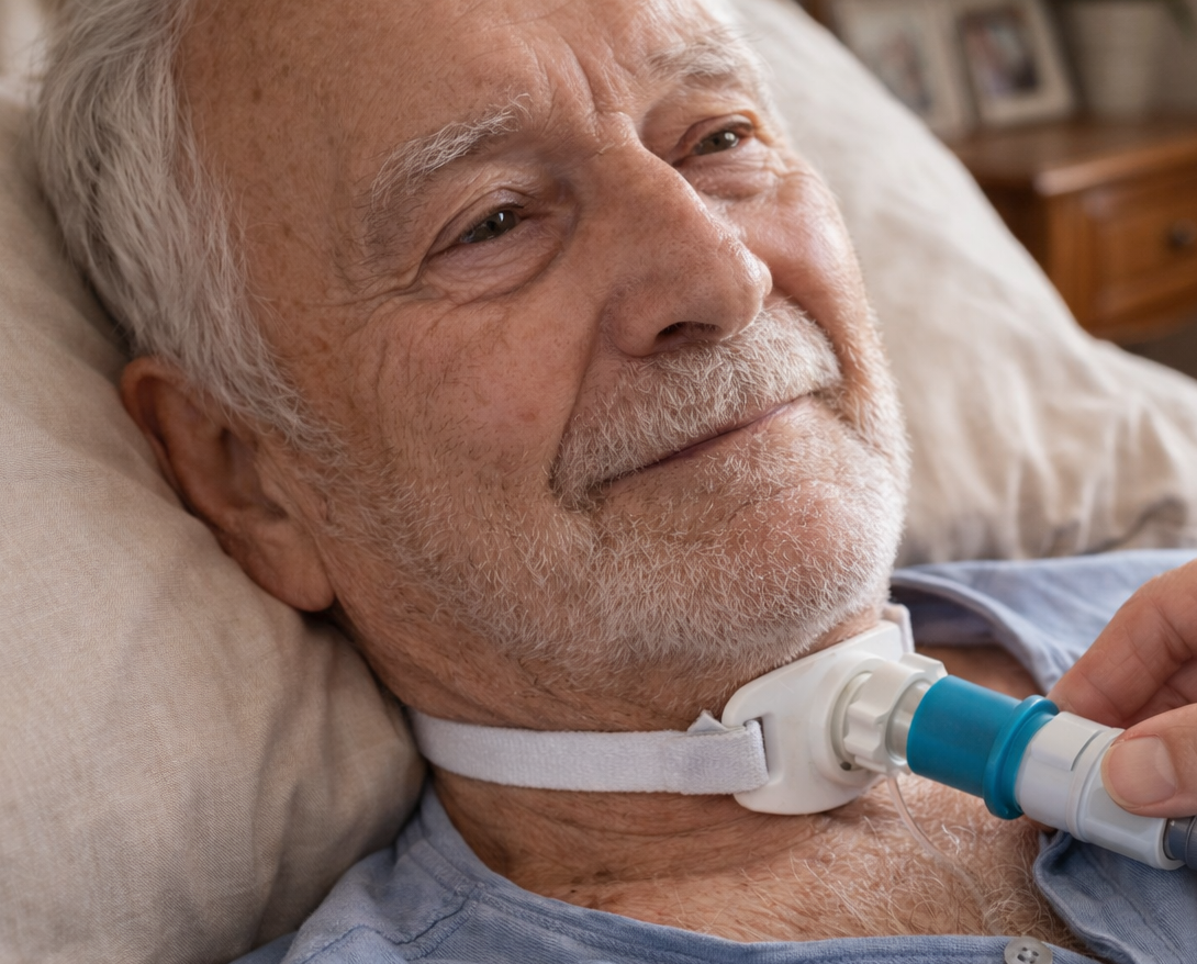 Infermiere assiste paziente con tracheostomia a domicilio in ambiente domestico italiano