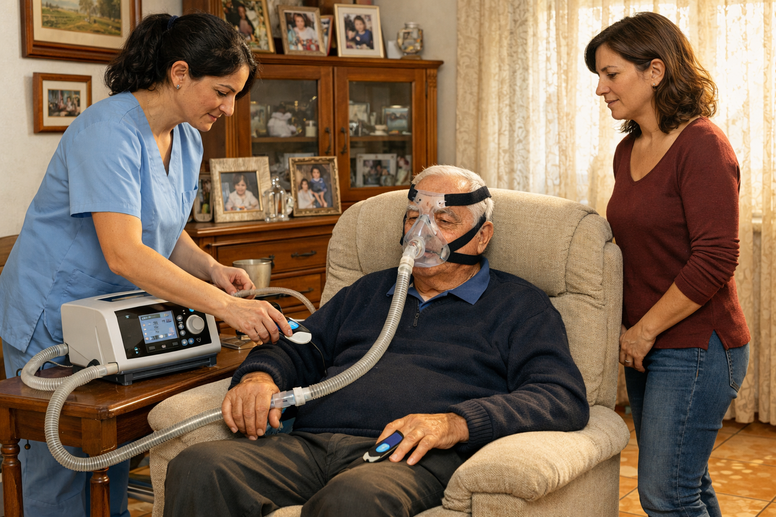 “Infermiere controlla ventilazione meccanica domiciliare non invasiva con maschera NIV