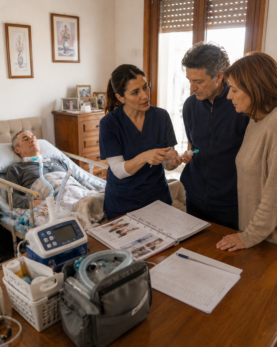 Infermiere ADI durante la formazione di caregiver di un paziente neurologico complesso