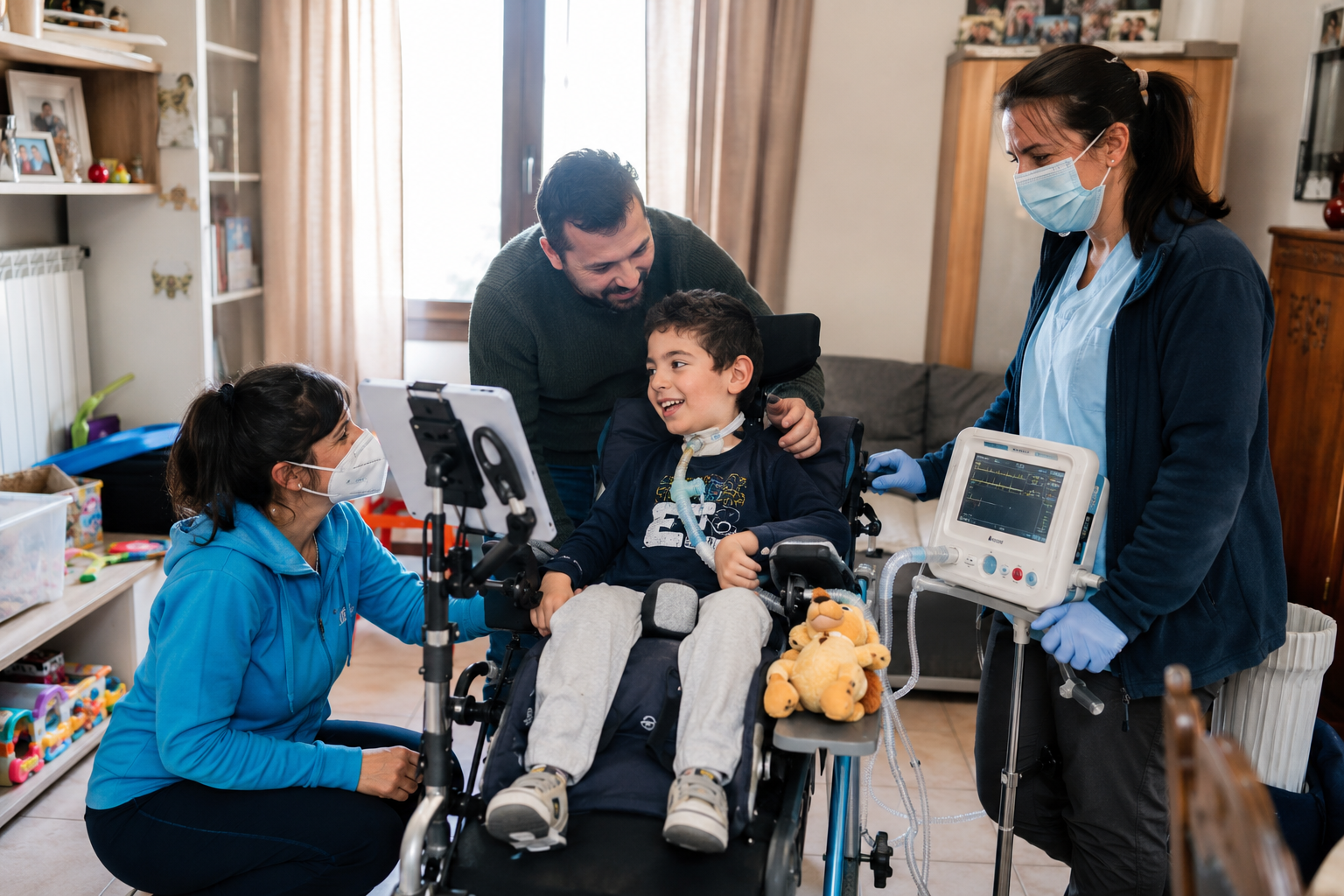 Bambino con SMA assistito a domicilio da équipe multidisciplinare in ambiente familiare italiano",