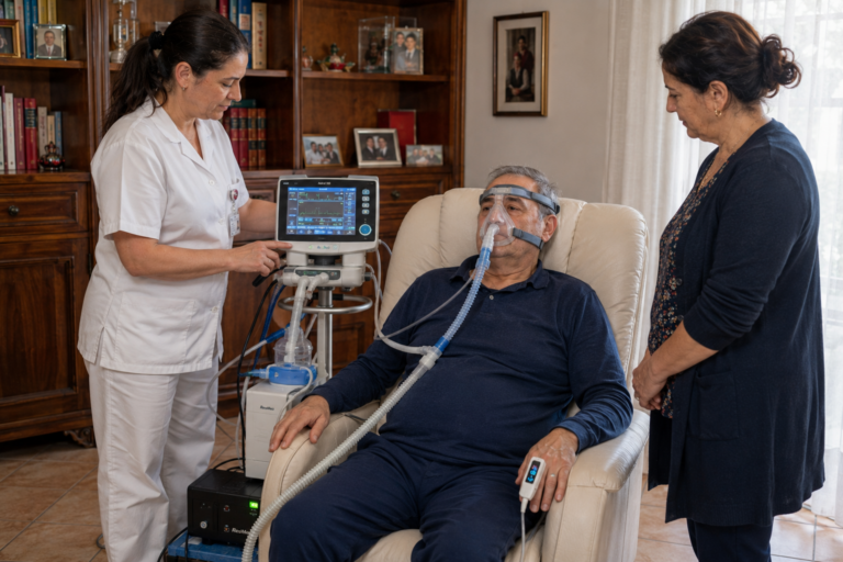 Ventilatore polmonare domiciliare utilizzato da un paziente con insufficienza respiratoria cronica