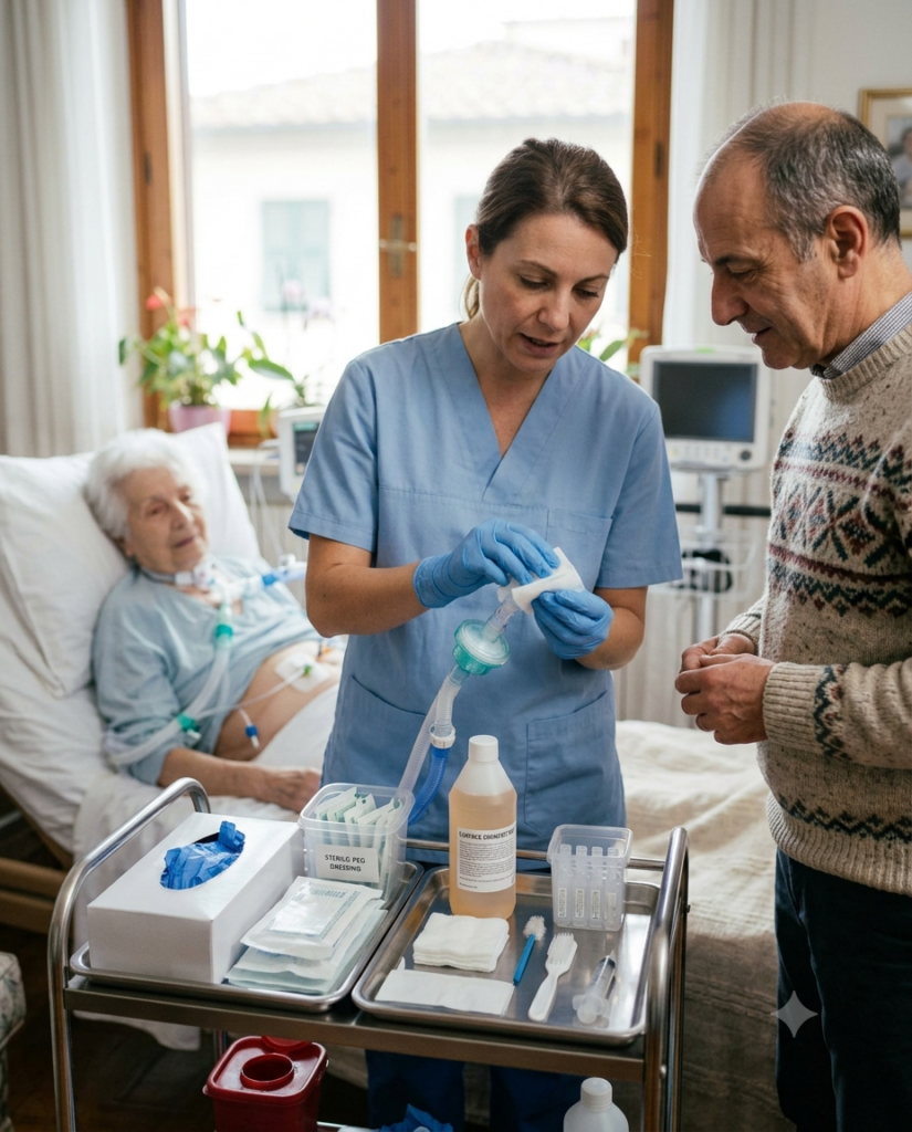 Manutenzione dei dispositivi PEG, tracheostomia e ventilatore per prevenire infezioni a domicilio