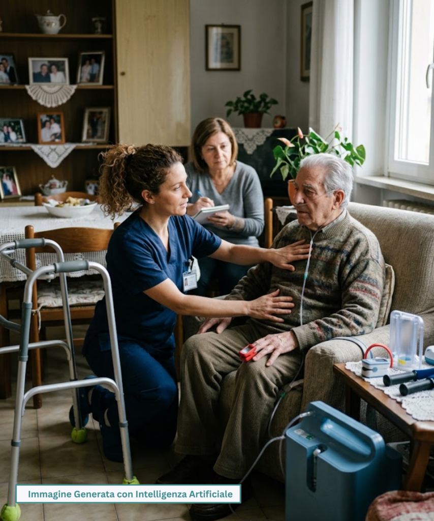 Fisioterapista respiratorio durante programma di riabilitazione domiciliare